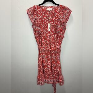 Max Studio NWT Women's Key Hole Front Ruffle Red Floral Midi Printed Dress sz S